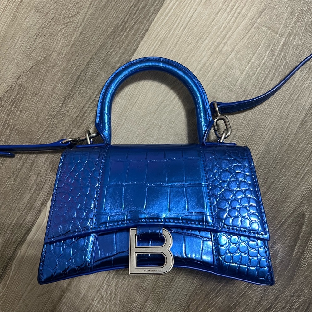 Balenciaga Blue Hourglass XS Croc-Embossed Handbag